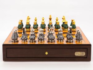 Dal Rossi Italy Chess Set Walnut 18" With Gray and Green Gold and Silver Metal Tops and Bottoms Chess Pieces 90mm