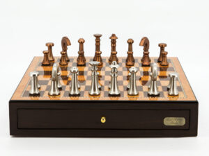 Dal Rossi Italy Chess Set Walnut Finish 18" With two Drawers, With Metal Copper and silver Chessmen 80mm