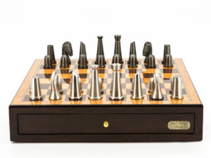 Dal Rossi Italy Chess Set Walnut Finish 18" With two Drawers, With Metal Dark Titanium and Silver chessmen 85mm