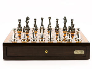 Dal Rossi Italy Chess Set Walnut Finish 18" With two Drawers, With Metal Dark Titanium and Silver chessmen 85mm