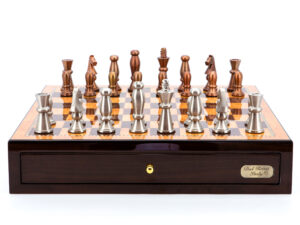 Dal Rossi Italy Chess Set Walnut Finish 18" With two Drawers, With Copper and Silver Weighted Metal Chess Pieces