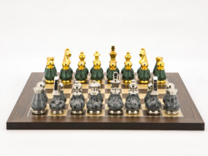 Dal Rossi Italy Chess Set Palisander / Maple Flat Board 40cm, With Gray and Green Gold and Silver Metal Tops and Bottoms Chess Pieces 90mm