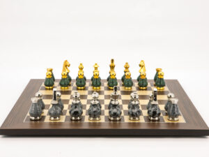 Dal Rossi Italy Chess Set Palisander / Maple Flat Board 50cm, With Gray and Green Gold and Silver Metal Tops and Bottoms Chess Pieces 90mm