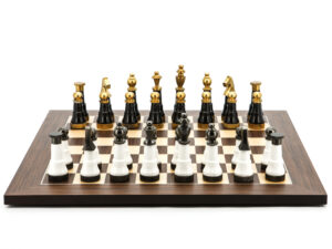 Dal Rossi Italy Chess Set Palisander / Maple Flat Board 50cm, With Black and White with Gold and Gun Metal Tops and Bottoms Chessmen 110mm