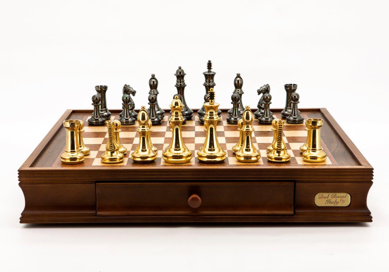 Dal Rossi Italy Chess Set Walnut Finish 20″ With Two Drawers, With Very Heavy Brass Staunton Gold and Silver chessmen 110mm