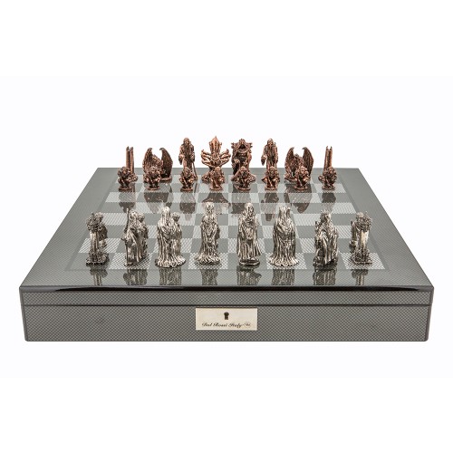 Dal Rossi Italy Evil Ring Metal Chess Set on Carbon Fibre Shiny Finish Chess Box 20” with compartments
