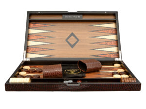 Dal Rossi Wooden Crocodile Engraved Design Backgammon Dark Colour Design Top and Inlaid Wooden Playing Area 18"
