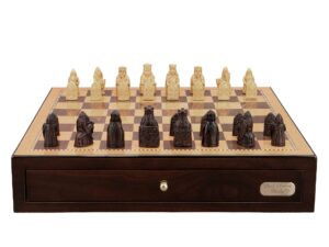 Dal Rossi Italy Isle of Lewis Chess Set on a Shiny Walnut Chess Box with Drawers 18"