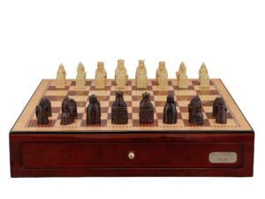 Dal Rossi Italy Isle of Lewis Chess Set on a Shiny Mahogany Chess Box with Drawers 18"