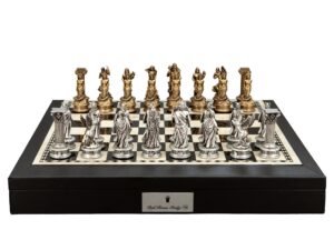 Dal Rossi Italy European Warriors Chessmen 85mm on a Black PU Leather Bevelled Edge chess box with compartments 18"