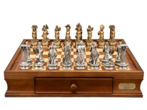 Dal Rossi Italy European Warriors Chessmen 85mm on a Walnut Chess Box with Drawers 16"