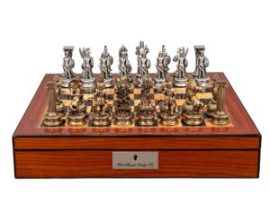 Dal Rossi Italy European Warriors Chessmen 85mm on a Walnut Finish Shiny Chess Box with Compartments 16"