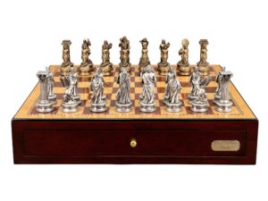 Dal Rossi Italy European Warriors Chessmen 85mm on a Shiny Mahogany Chess Box with two Drawers 18"