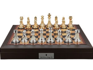 Dal Rossi Italy Chess Set with Brown PU Leather Bevelled Edge chess box with compartments 18″ and Modern Staunton Style Gold and Silver Chess Pieces