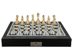 Dal Rossi Italy Chess Set with Black and White PU Leather Bevelled Edge chess box with compartments 18″ and Modern Staunton Style Gold and Silver Chess Pieces