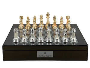 Dal Rossi Italy Chess Set with Carbon Fibre Shiny Finish Chess Box 16” with compartments and Modern Staunton Style Gold and Silver Chess Pieces