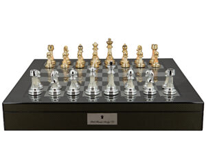 Dal Rossi Italy Chess Set with Carbon Fibre Shiny Finish Chess Box 20” with compartments and Modern Staunton Style Gold and Silver Chess Pieces