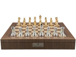 Dal Rossi Italy Chess Set with Walnut Inlaid Chess Box 20” with compartments and Modern Staunton Style Gold and Silver Chess Pieces