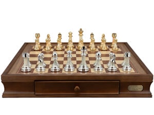 Dal Rossi Italy Chess Set with Walnut Finish Chess Box 20” with drawers and Modern Staunton Style Gold and Silver Chess Pieces