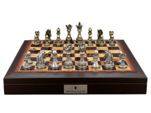 Dal Rossi Italy Chess Set with Brown PU Leather Bevelled Edge chess box with compartments 18″ and Regal Copper and Silver 90mm Chess Pieces