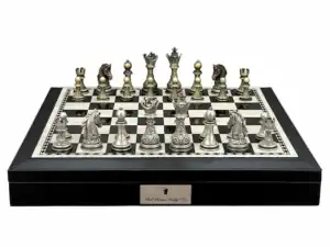 Dal Rossi Italy Chess Set with Black and White PU Leather Bevelled Edge chess box with compartments 18″ and Regal Copper and Silver 90mm Chess Pieces