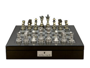 Dal Rossi Italy Chess Set with Carbon Fibre Shiny Finish Chess Box 16” with compartments and Regal Copper and Silver 90mm Chess Pieces