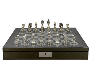 Dal Rossi Italy Chess Set with Carbon Fibre Shiny Finish Chess Box 20” with compartments and Regal Copper and Silver 90mm Chess Pieces