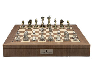 Dal Rossi Italy Chess Set with Walnut Inlaid Chess Box 20” with compartments and Regal Copper and Silver 90mm Chess Pieces