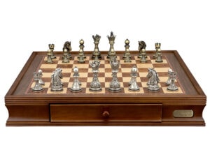 Dal Rossi Italy Chess Set with Walnut Finish Chess Box 20” with drawers and Regal Copper and Silver 90mm Chess Pieces