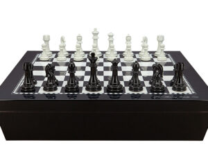 Dal Rossi Italy Chess set with Black and White High Gloss Finish Angular Chess Box 20” with compartments and Modern Staunton Style Black and White Chess Pieces