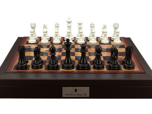 Dal Rossi Italy Chess Set with Brown PU Leather Bevelled Edge chess box with compartments 18″ and Modern Staunton Style Black and White Chess Pieces