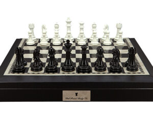Dal Rossi Italy Chess Set with Black and White PU Leather Bevelled Edge chess box with compartments 18″ and Modern Staunton Style Black and White Chess Pieces