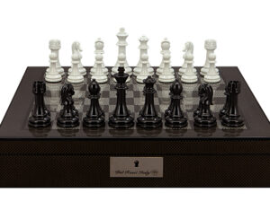Dal Rossi Italy Chess Set with Carbon Fibre Shiny Finish Chess Box 16” with compartments and Modern Staunton Style Black and White Chess Pieces