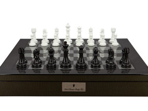 Dal Rossi Italy Chess Set with Carbon Fibre Shiny Finish Chess Box 20” with compartments and Modern Staunton Style Black and White Chess Pieces