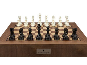 Dal Rossi Italy Chess Set with Walnut Inlaid Chess Box 20” with compartments and Modern Staunton Style Black and White Chess Pieces