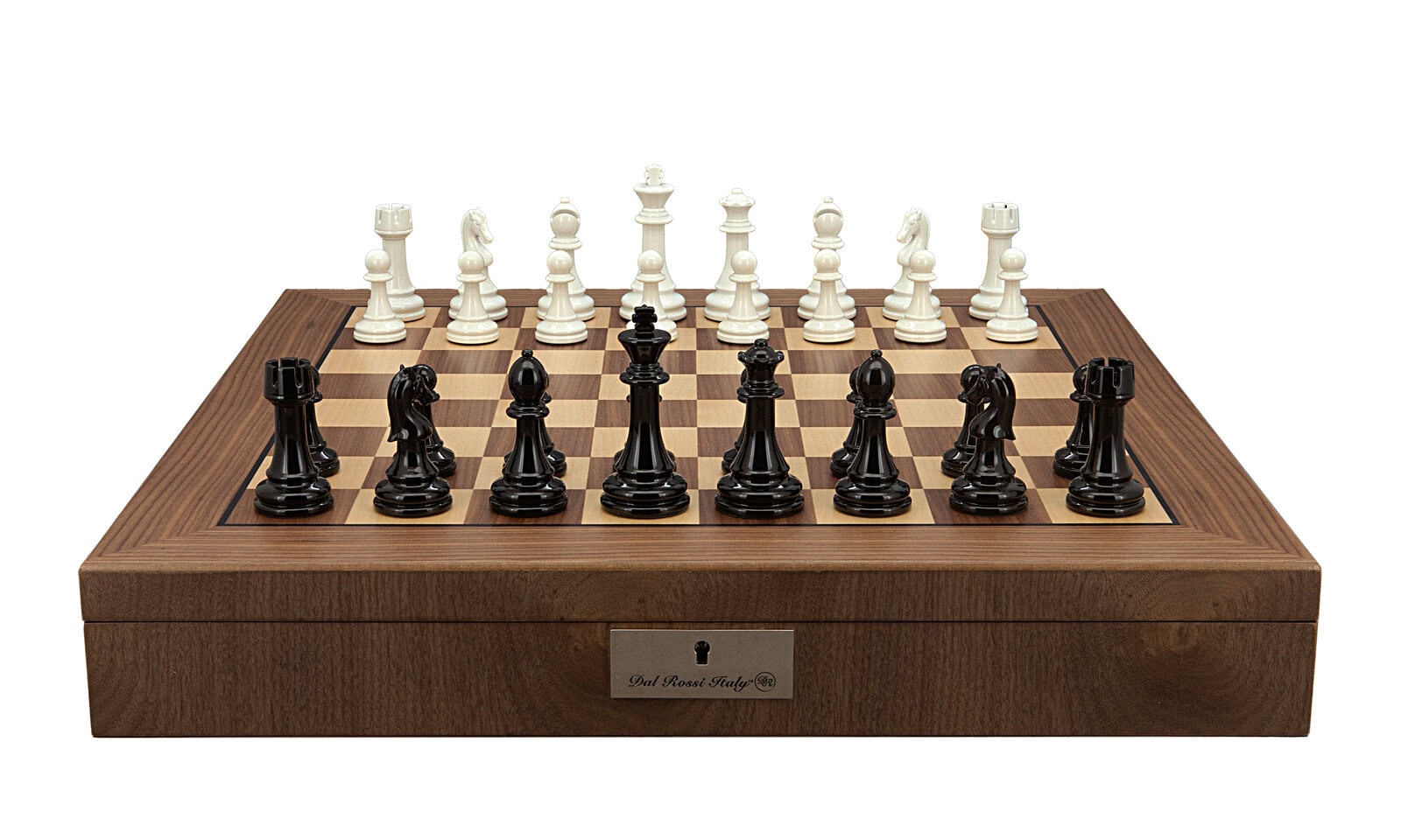 Dal Rossi Italy Chess Set with Walnut Inlaid Chess Box 20” with compartments and Modern Staunton Style Black and White Chess Pieces