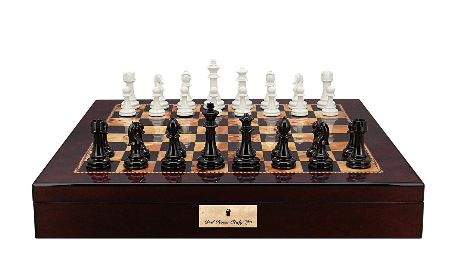 Dal Rossi Italy Chess Set with Mahogany Finish Chess Box 20” with compartments and Modern Staunton Style Black and White Chess Pieces