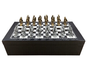 Dal Rossi Italy Chess set with Black and White High Gloss Finish Angular Chess Box 20” with compartments  and Dragon, Pewter Chessmen
