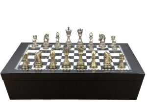 Dal Rossi Italy Chess set with Black and White High Gloss Finish Angular Chess Box 20” with compartments  and Regal Copper and Silver 90mm Chess Pieces