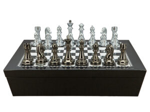 Dal Rossi Italy Chess set with Black and White High Gloss Finish Angular Chess Box 20” with compartments  and Silver and Dark Titanium Weight Chess pieces 110mm