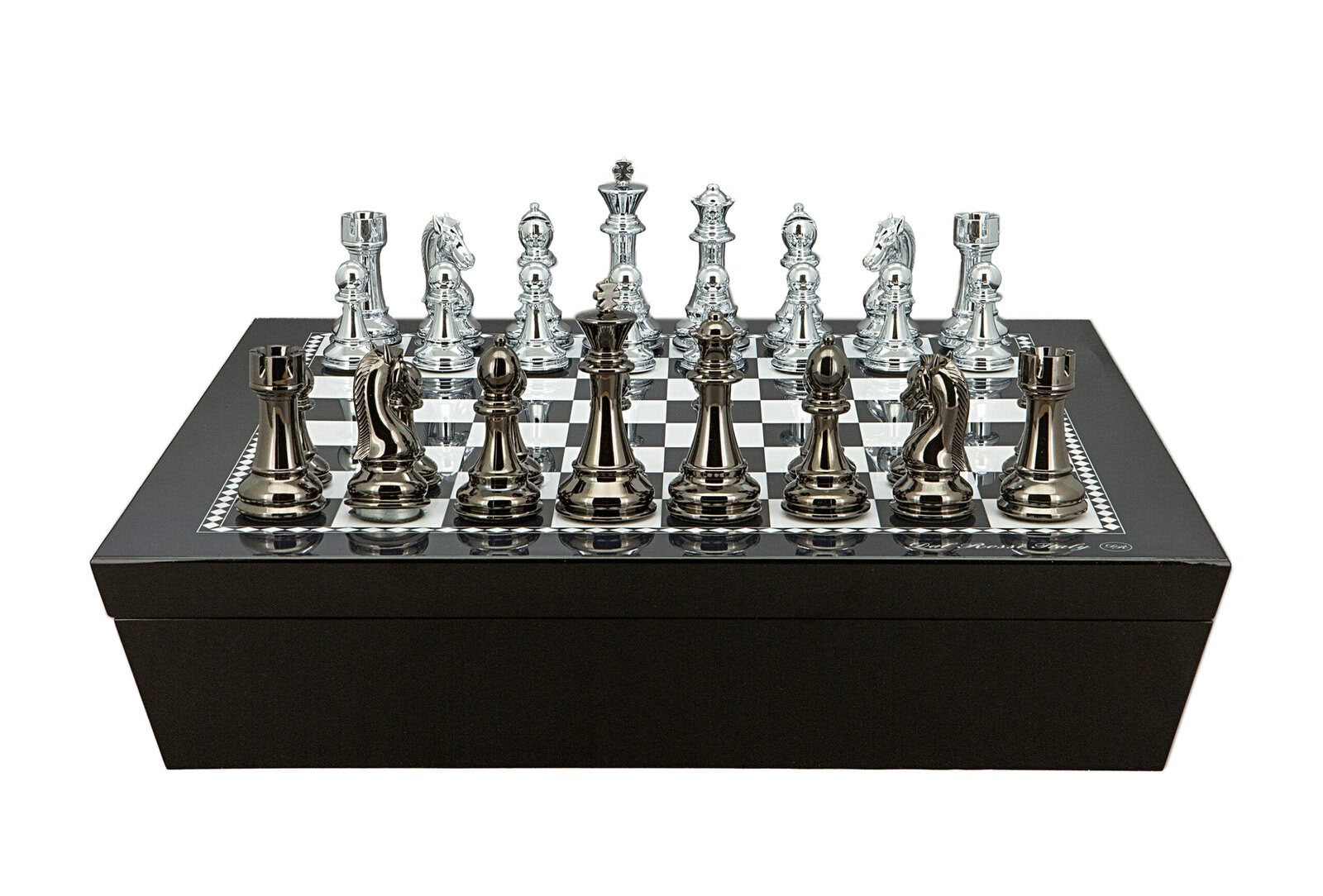 Dal Rossi Italy Chess set with Black and White High Gloss Finish Angular Chess Box 20” with compartments  and Staunton Metal Chessmen