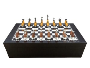 Dal Rossi Italy Chess set with Black and White High Gloss Finish Angular Chess Box 20” with compartments  and Staunton Metal/Wood Chessmen