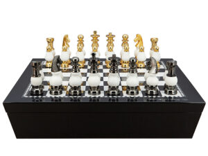 Dal Rossi Italy Chess set with Black and White High Gloss Finish Angular Chess Box 20” with compartments  and White Stone and Gold Chessmen 100mm
