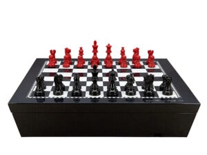 Dal Rossi Italy Chess set with Black and White High Gloss Finish Angular Chess Box 20” with compartments  and French lardy, Boxwood Black & Red 85mm Wood Double Weighted Chess