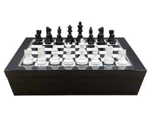 Dal Rossi Italy Chess set with Black and White High Gloss Finish Angular Chess Box 20” with compartments  and French lardy, Boxwood Black & White 95mm Wood Double Weighted Chess