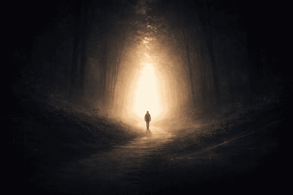 Self-Awareness Path to Clarity Silhouette of a person walking toward bright light on a forest path, representing self-awareness and clarity