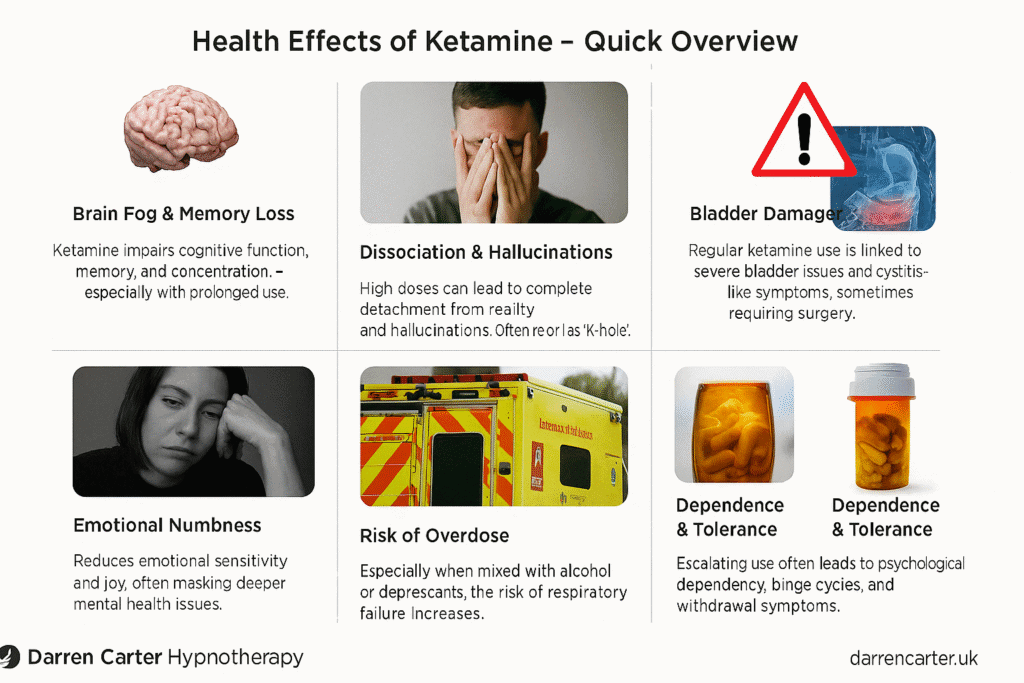 nfographic summarising the health risks of ketamine use including brain fog, bladder damage, emotional numbness, hallucinations, overdose risk, and dependency.