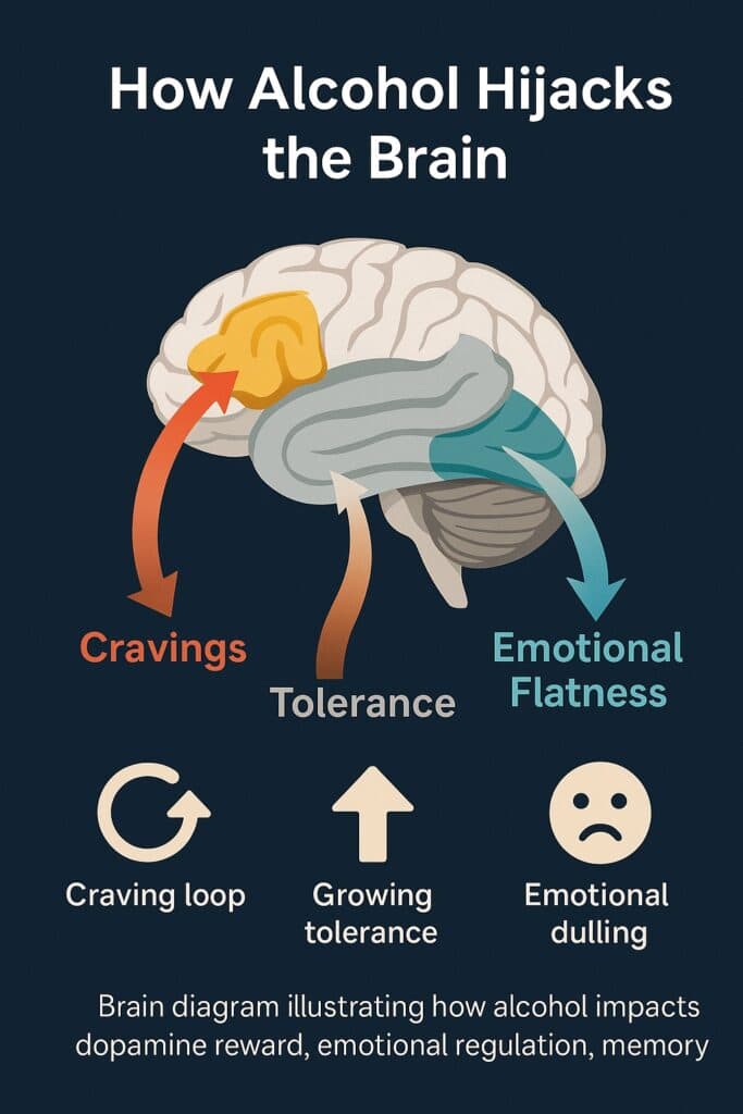 Diagram of a human brain showing how alcohol impacts reward, emotion, and memory centres, leading to cravings, tolerance, and emotional dullness.