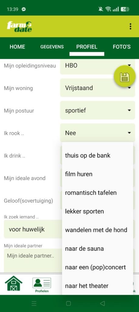 Farmdate profiel invullen