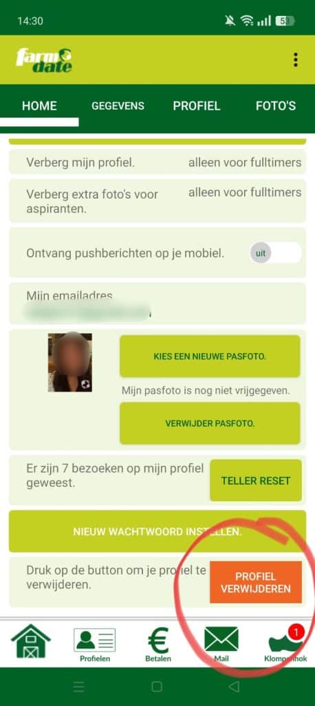 Farmdate profiel verwijderen